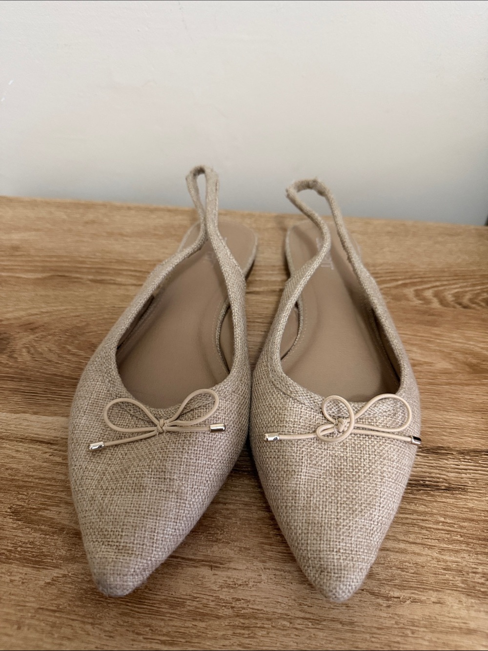 Beige Pointed-Toe Slingback Flats with Bow Accent